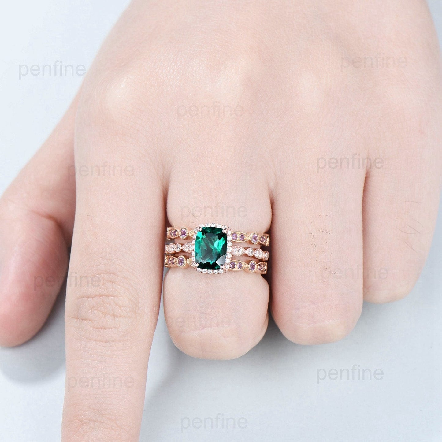 Cushion Emerald Engagement Ring Set: Rose Gold Halo Diamond & Amethyst Bands