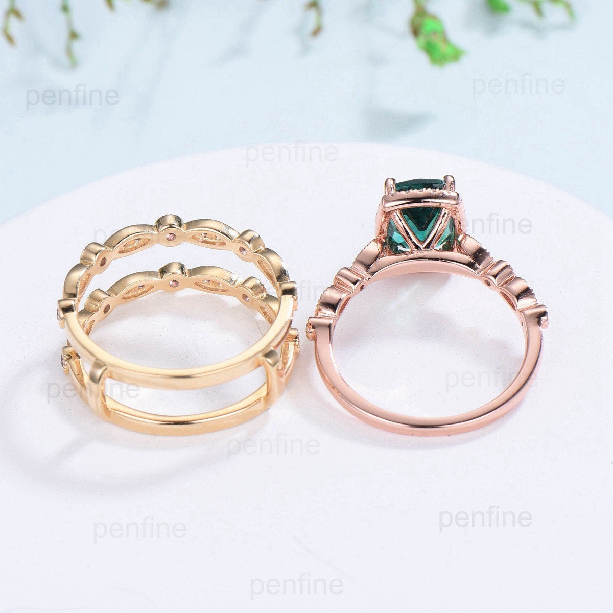 Cushion Emerald Engagement Ring Set: Rose Gold Halo Diamond & Amethyst Bands