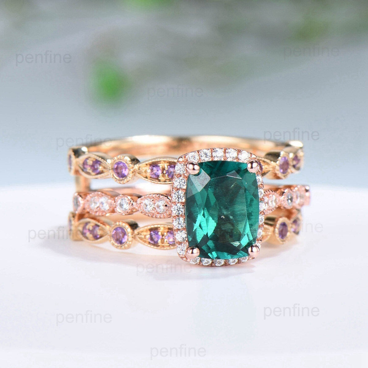 Cushion Emerald Engagement Ring Set: Rose Gold Halo Diamond & Amethyst Bands