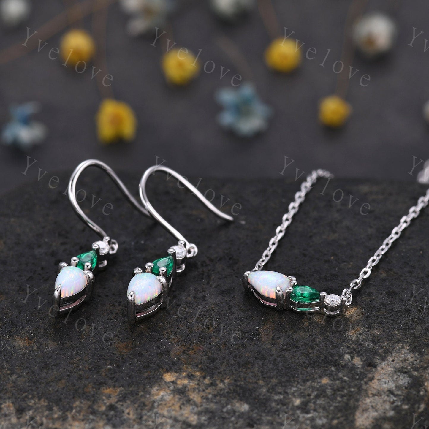 Unique Opal Emerald Necklace,Pear Cut Gems,Art Deco Moissanite Diamond Delicate Dainty Necklace,3 Stone Unique Women Bridal Gift,White Gold