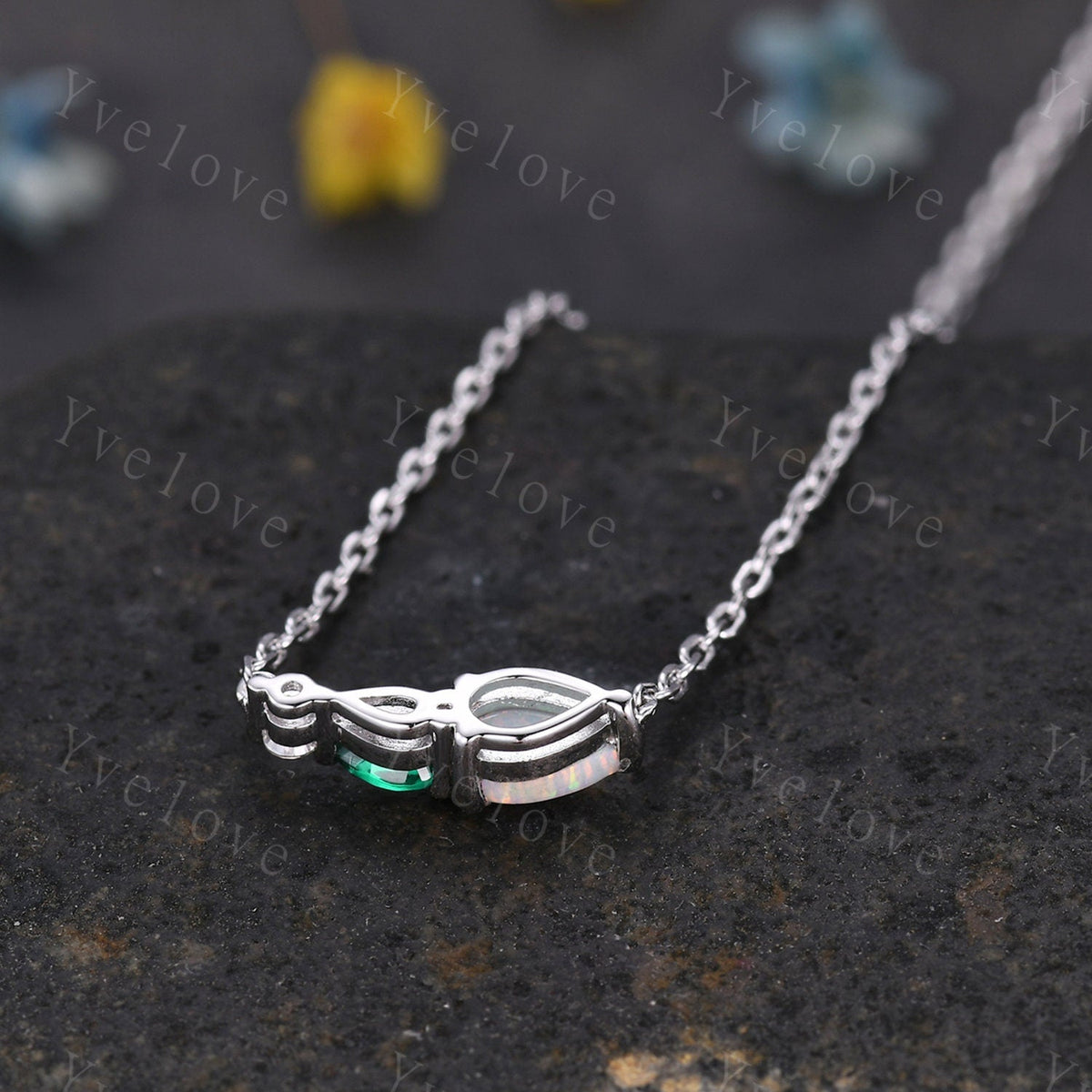 Unique Opal Emerald Necklace,Pear Cut Gems,Art Deco Moissanite Diamond Delicate Dainty Necklace,3 Stone Unique Women Bridal Gift,White Gold