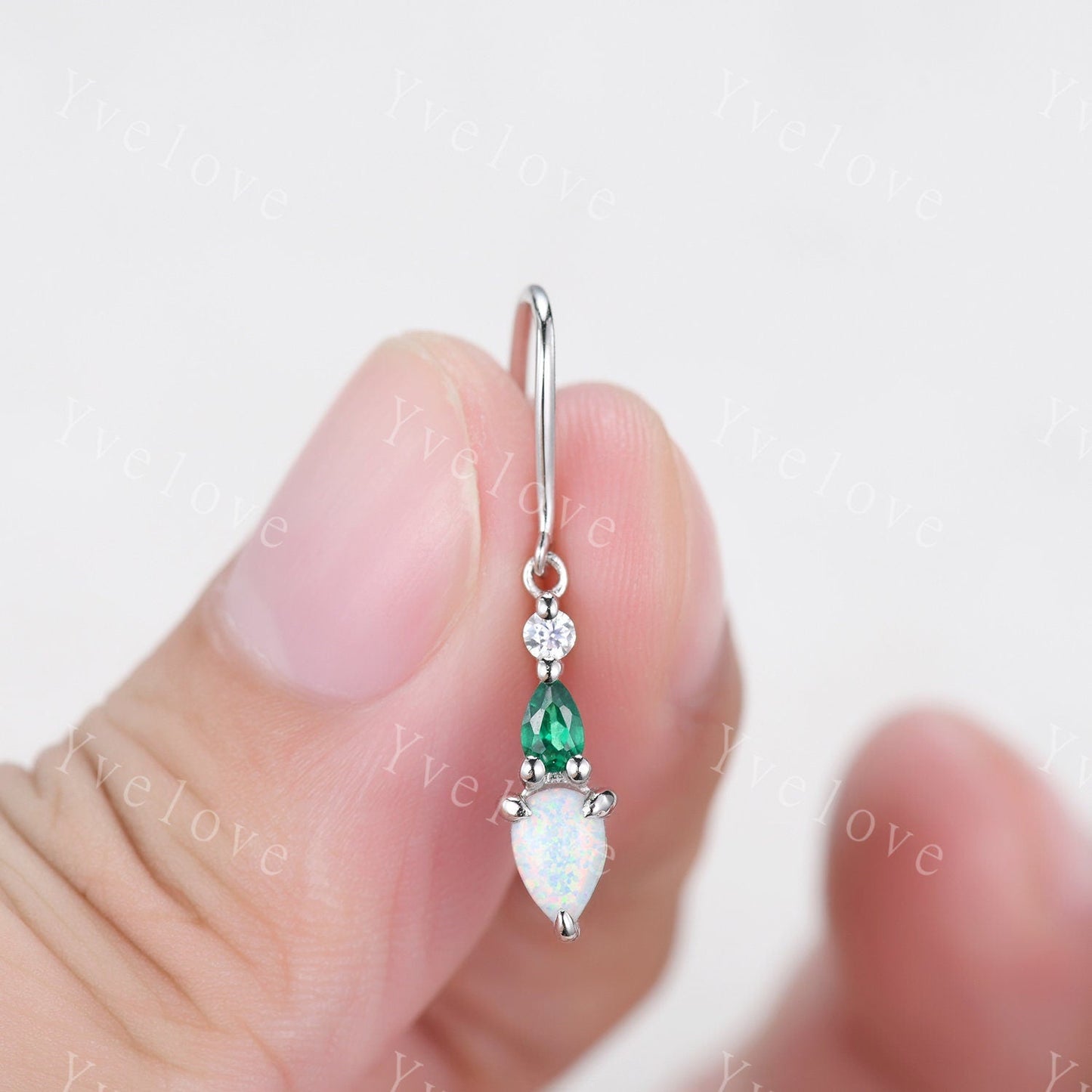 Unique Opal Emerald Necklace,Pear Cut Gems,Art Deco Moissanite Diamond Delicate Dainty Necklace,3 Stone Unique Women Bridal Gift,White Gold