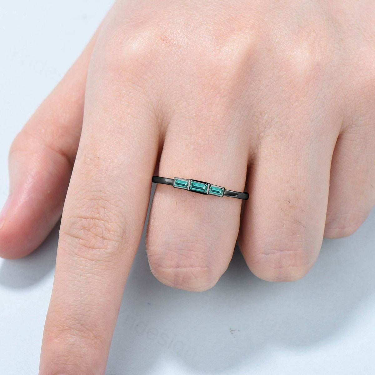Black Gold Emerald Ring, Baguette Three Stone Promise Ring