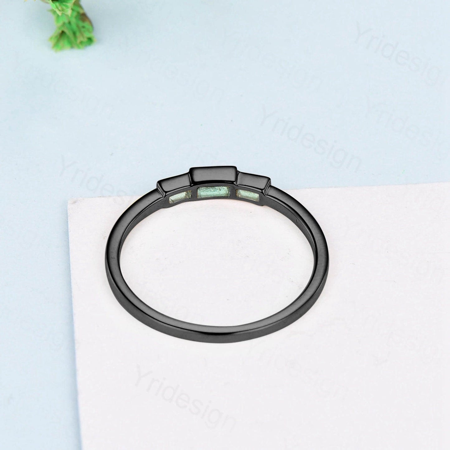 Black Gold Emerald Ring, Baguette Three Stone Promise Ring
