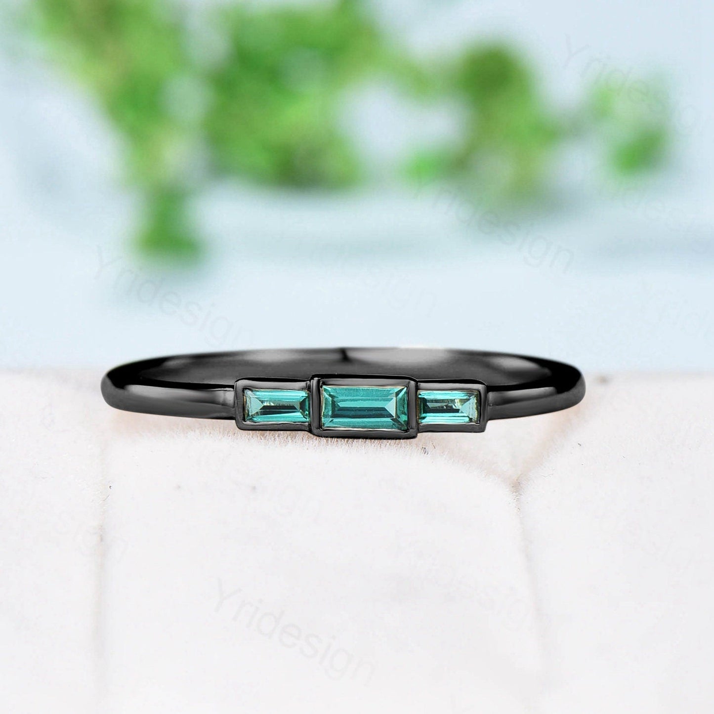 Black Gold Emerald Ring, Baguette Three Stone Promise Ring