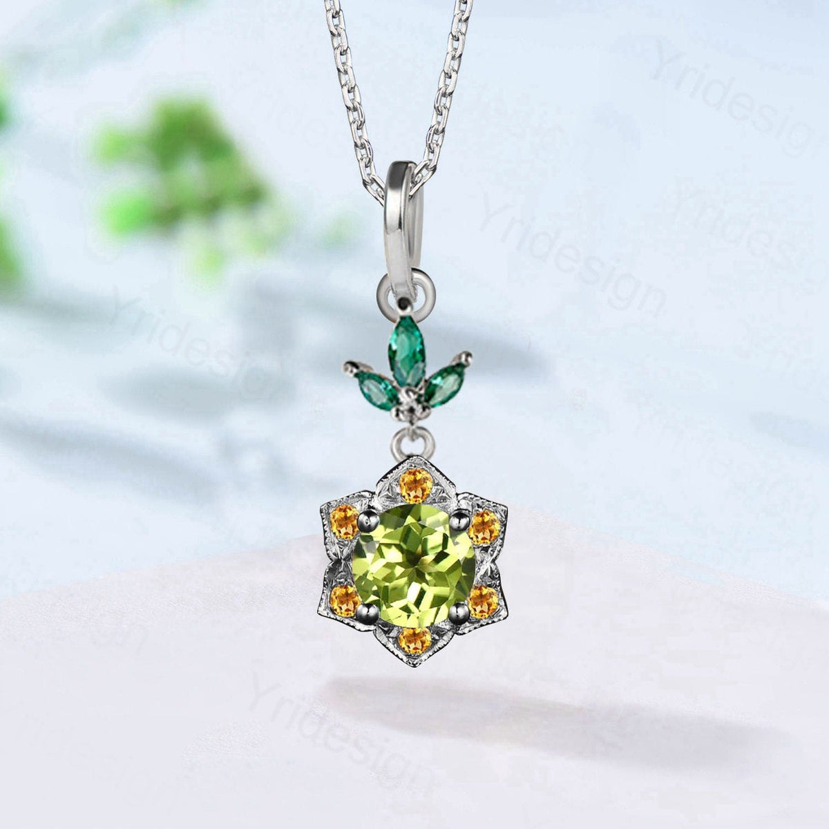 Vintage Peridot and Citrine Halo Pendant: Handmade Sterling Silver Necklace
