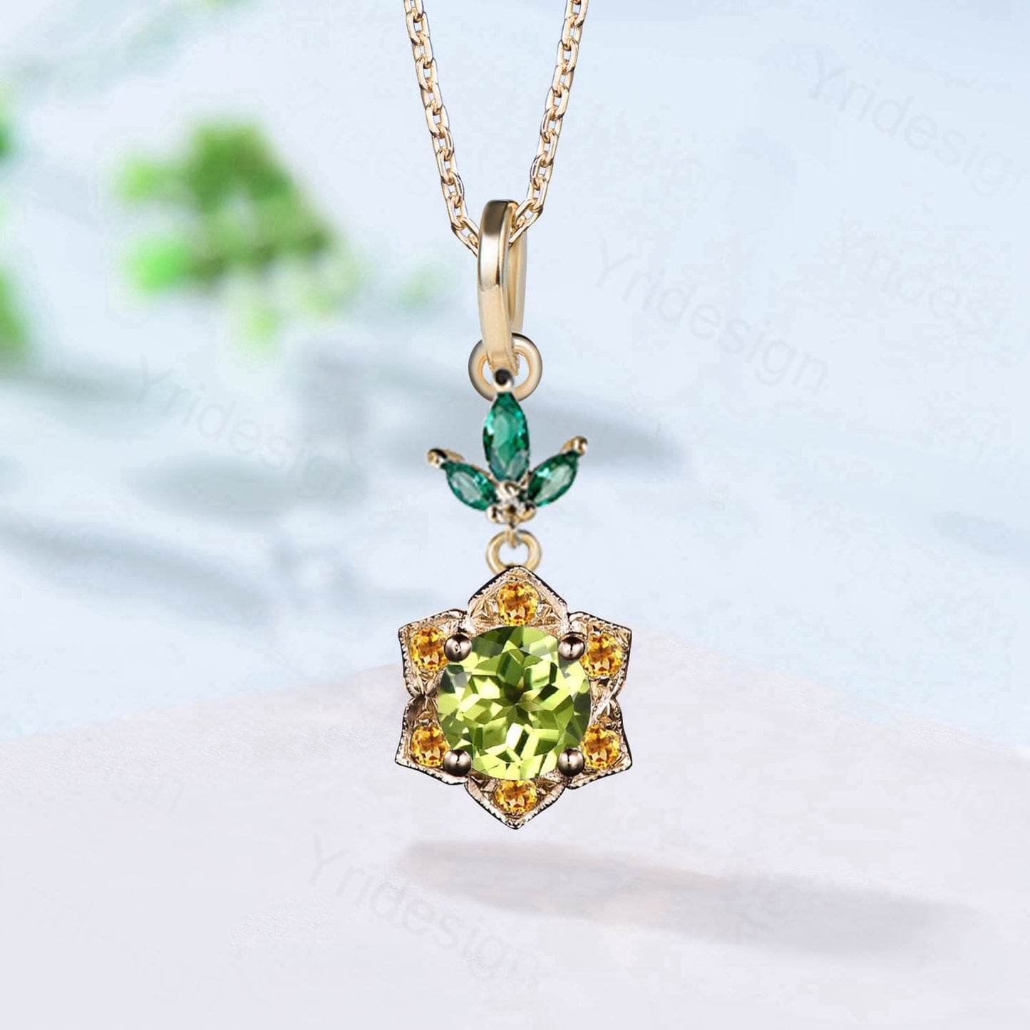 Vintage Peridot and Citrine Halo Pendant: Handmade Sterling Silver Necklace