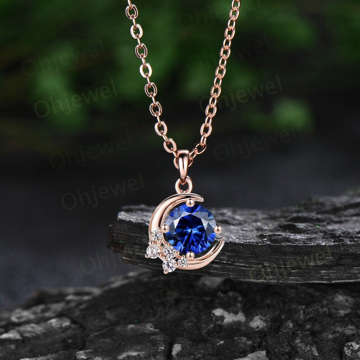 Vintage round blue sapphire necklace 14k rose gold Personalized moon cluster diamond unique Pendant women gemstone anniversary gift for her
