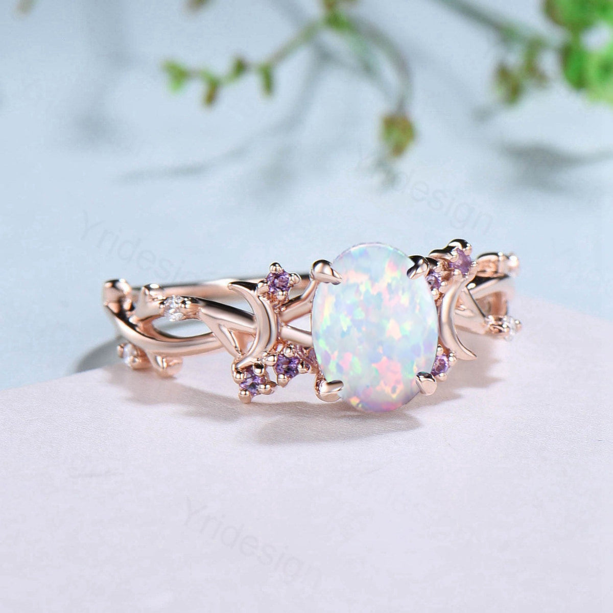 Unique 1.5CT Oval Cut Opal Ring Vintage White Opal Moon Engagement Ring Twig  Branch Cluster Amethyst Wedding Ring PromiseGift For Women