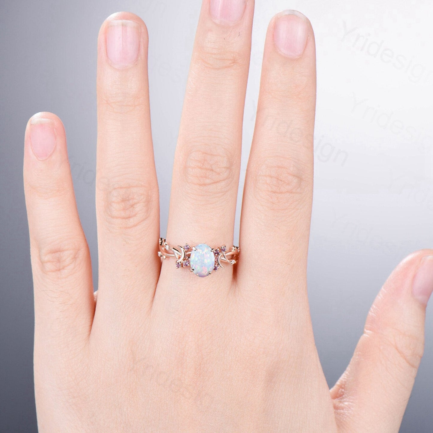 Unique 1.5CT Oval Cut Opal Ring Vintage White Opal Moon Engagement Ring Twig  Branch Cluster Amethyst Wedding Ring PromiseGift For Women