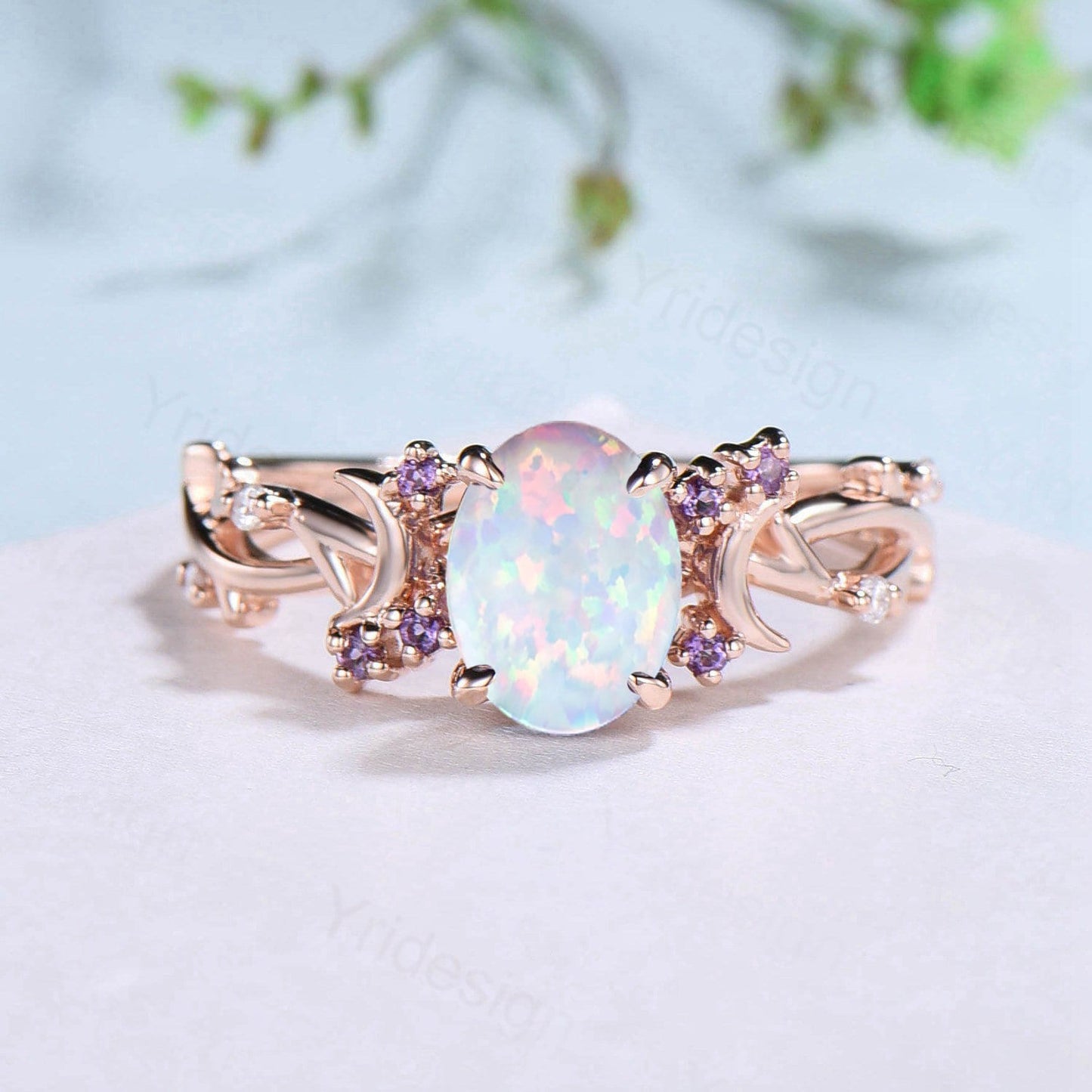 Unique 1.5CT Oval Cut Opal Ring Vintage White Opal Moon Engagement Ring Twig  Branch Cluster Amethyst Wedding Ring PromiseGift For Women