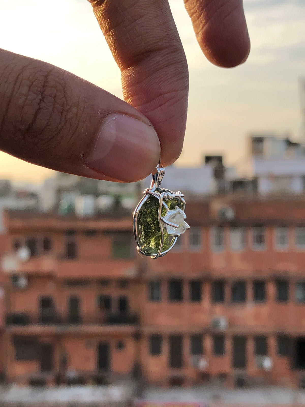 Genuine Moldavite Rough Herkimer Diamond Pendant Natural Gemstone From Czech Republic 925 Sterling Silver Handmade Designer Jewelry