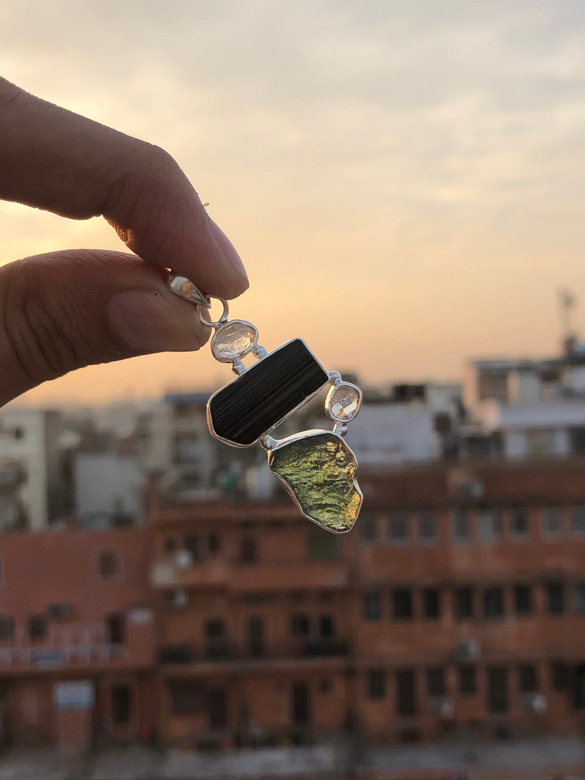 Moldavite Pendant, Black Tourmaline, Moldavite, Herkimer Diamond Pendant, Sterling Silver Pendant, Handmade Pendant, Natural Moldavite