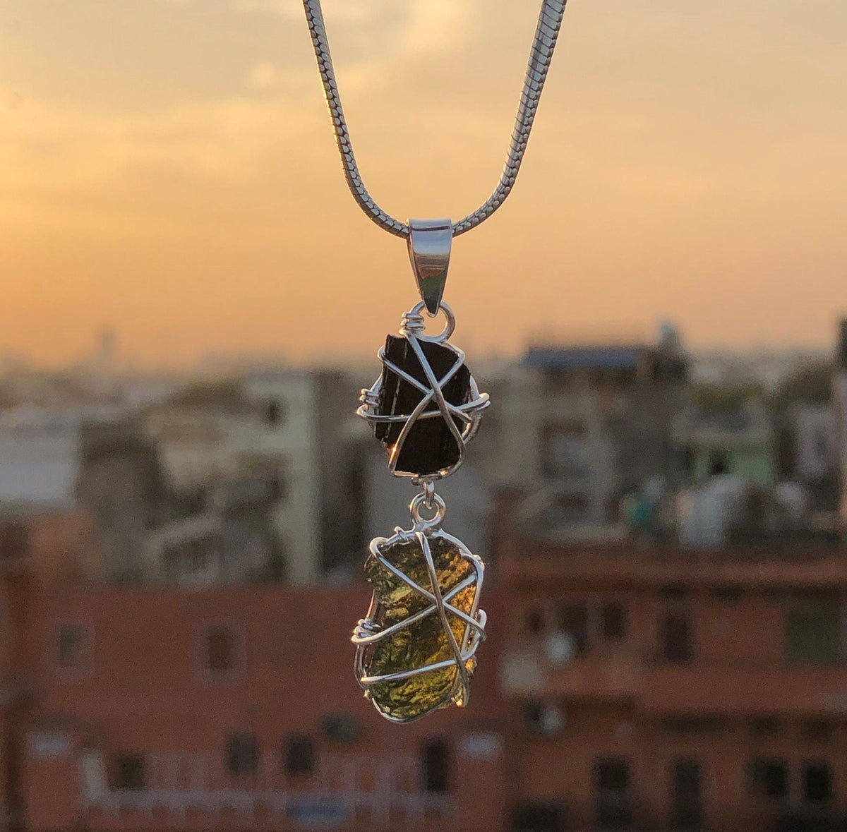 Moldavite Pendant, Black Tourmaline Pendant, Gemstone Pendant, Sterling Silver Pendant, Handmade Pendant, Natural Moldavite