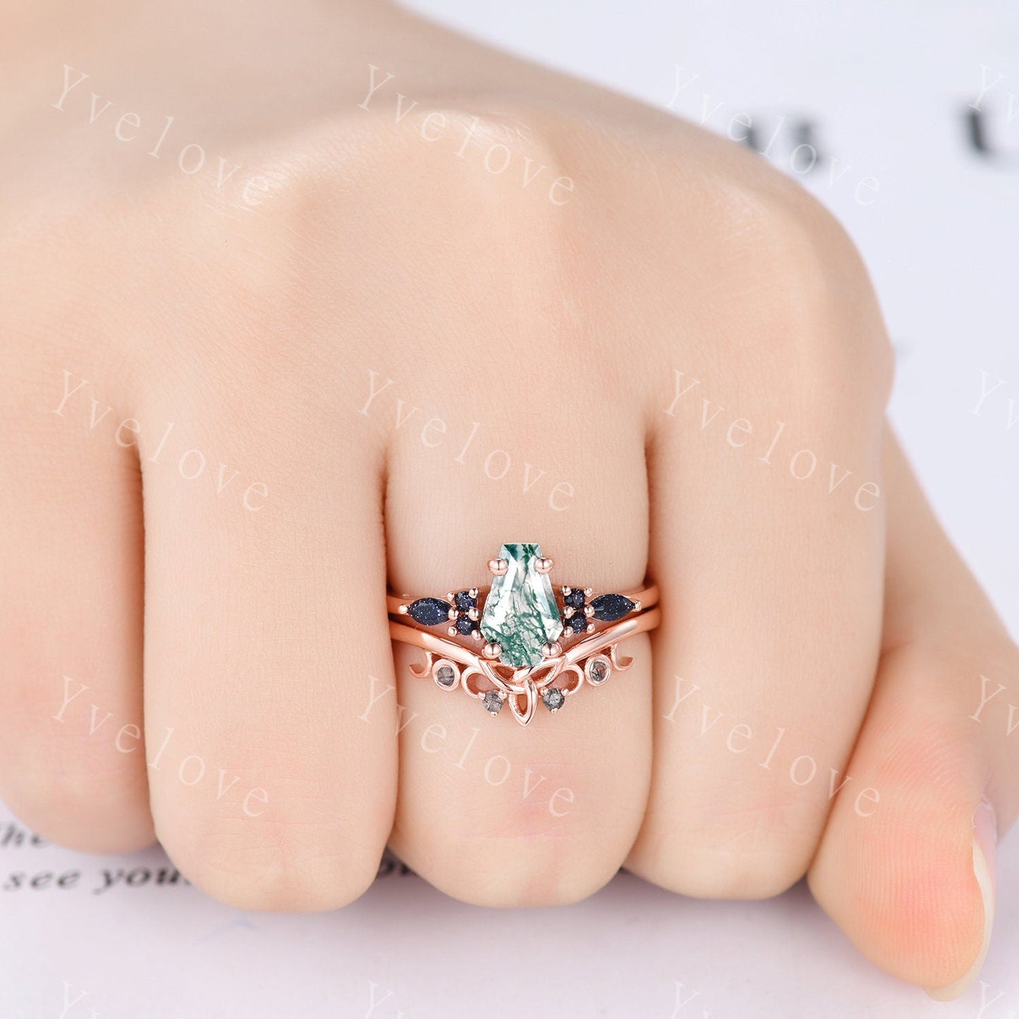 Vintage coffin moss agate engagement ring marquise blue sandstone wedding ring rose gold matching band promise ring unique Valentines gift