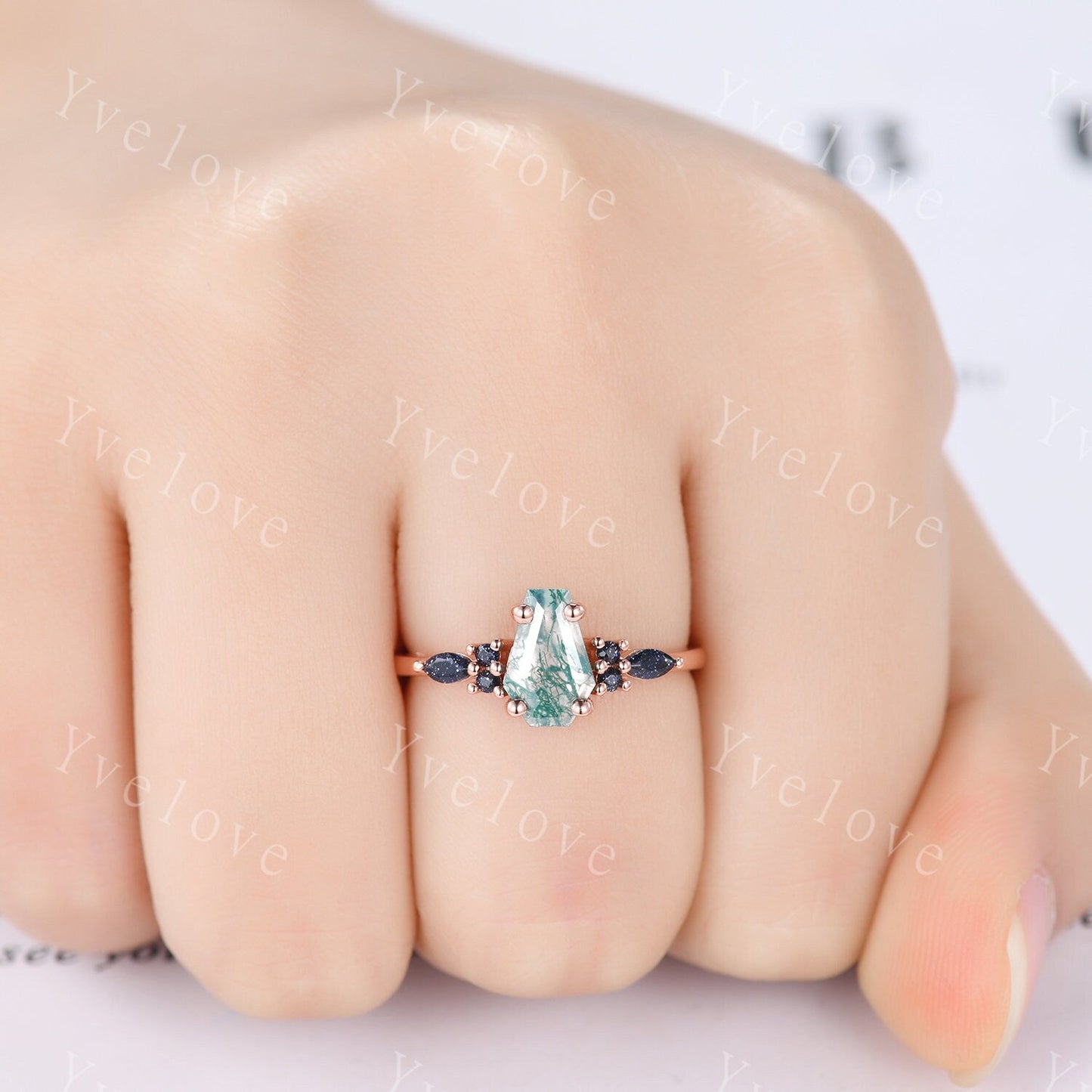 Vintage coffin moss agate engagement ring marquise blue sandstone wedding ring rose gold matching band promise ring unique Valentines gift