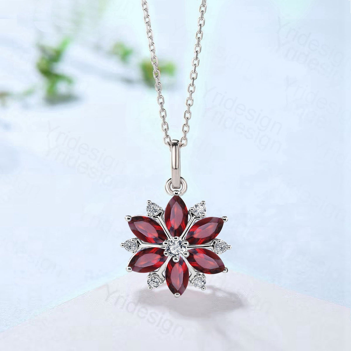 Vintage Snowflake Ruby Pendant Necklace, 14k Gold Floral Jewelry