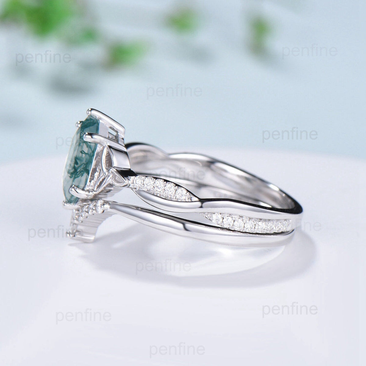 Norse Viking long hexagon moss agate engagement ring set 3/4 eternity twisted infinity moissanite & diamond band wedding ring set for women