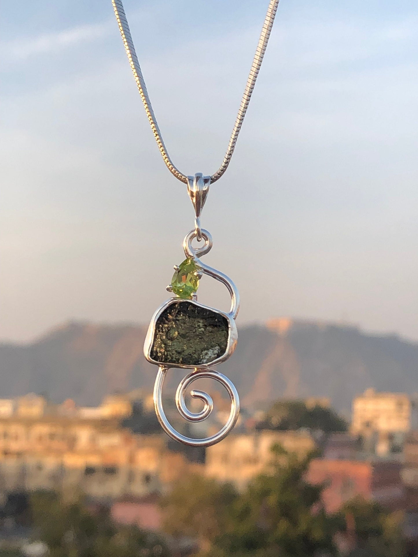 Moldavite Peridot pendant, genuine gemstone pendant, sterling silver handmade pendant, 100% genuine with certified gemstone
