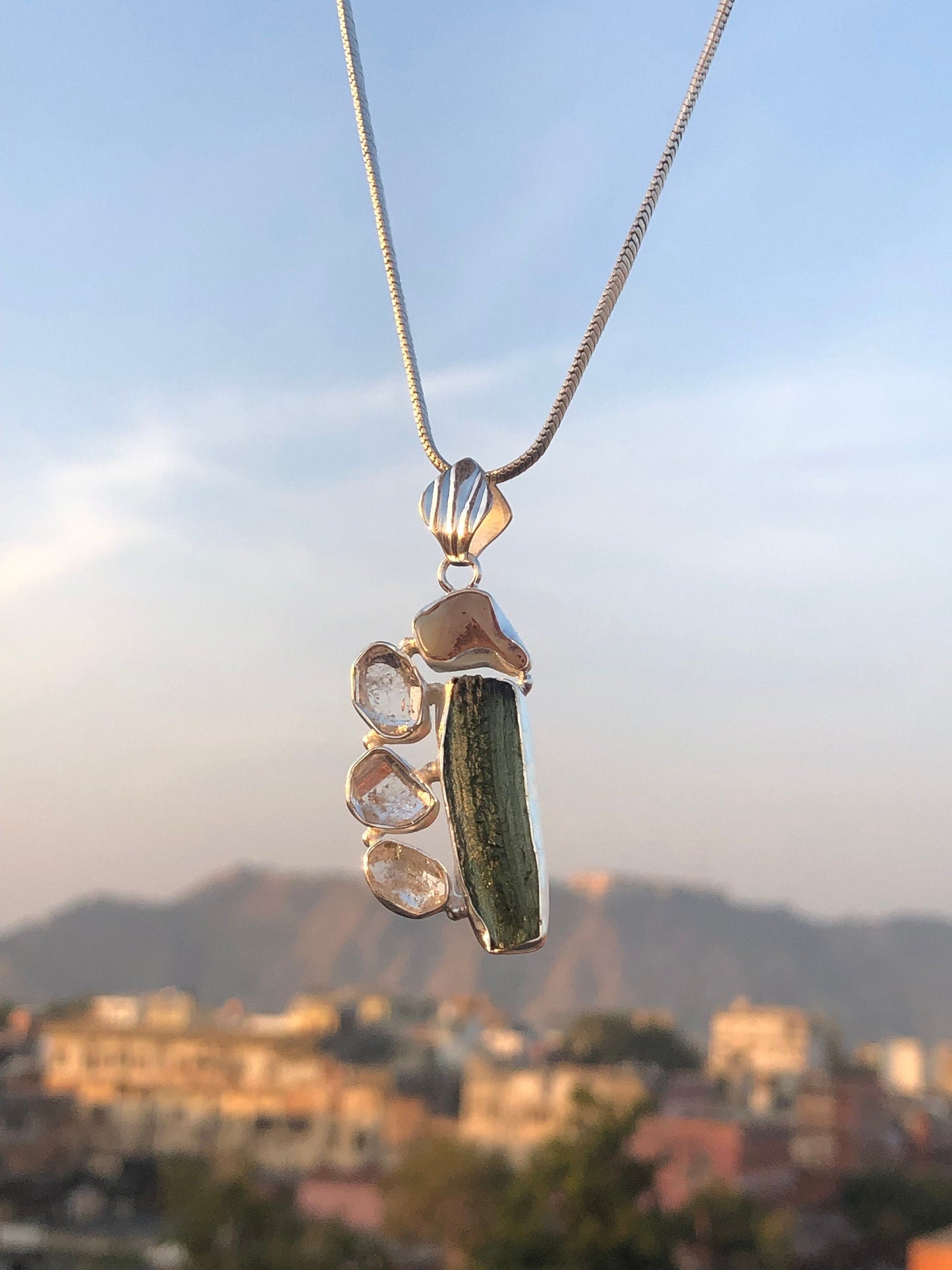 Moldavite Pendant, Czech Moldavite, Herkimer Diamond, Opal Pendant, Sterling Silver Pendant, Handmade Pendant, Natural Moldavite