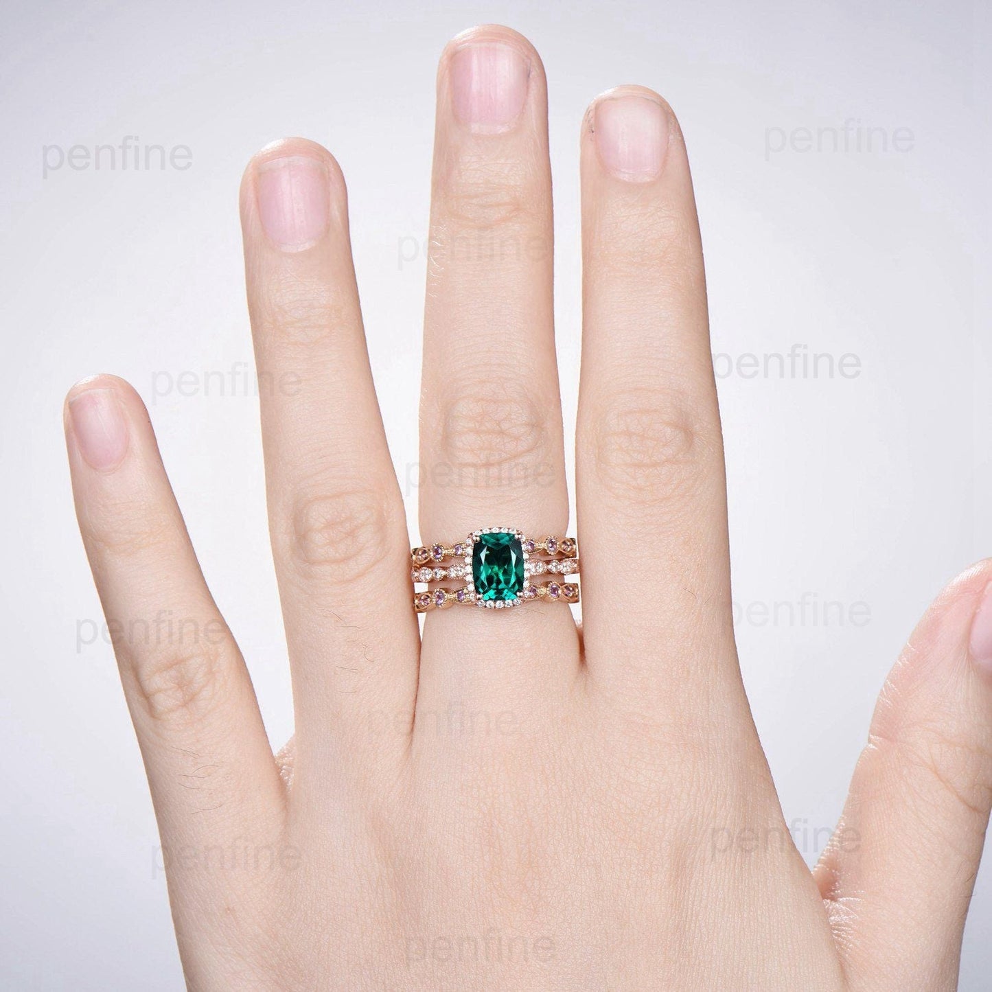Cushion Emerald Engagement Ring Set: Rose Gold Halo Diamond & Amethyst Bands