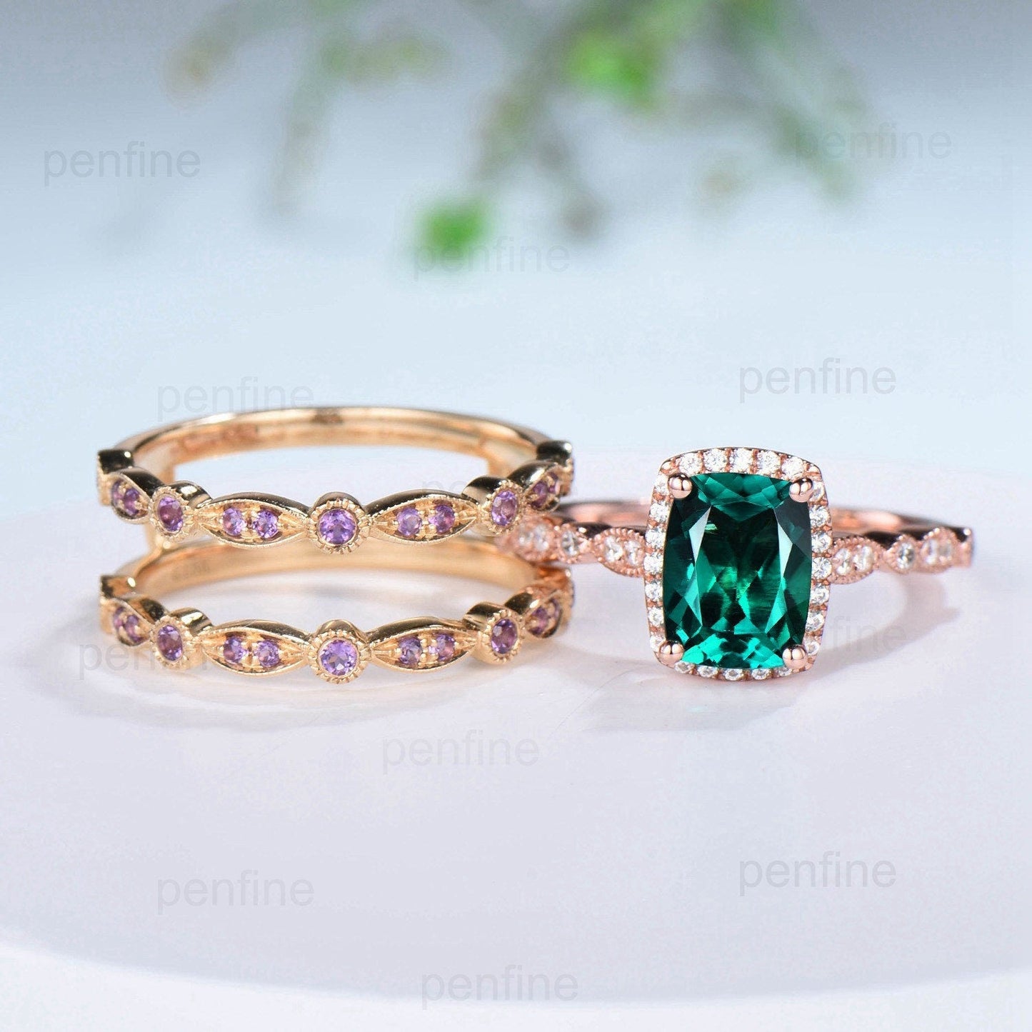 Cushion Emerald Engagement Ring Set: Rose Gold Halo Diamond & Amethyst Bands