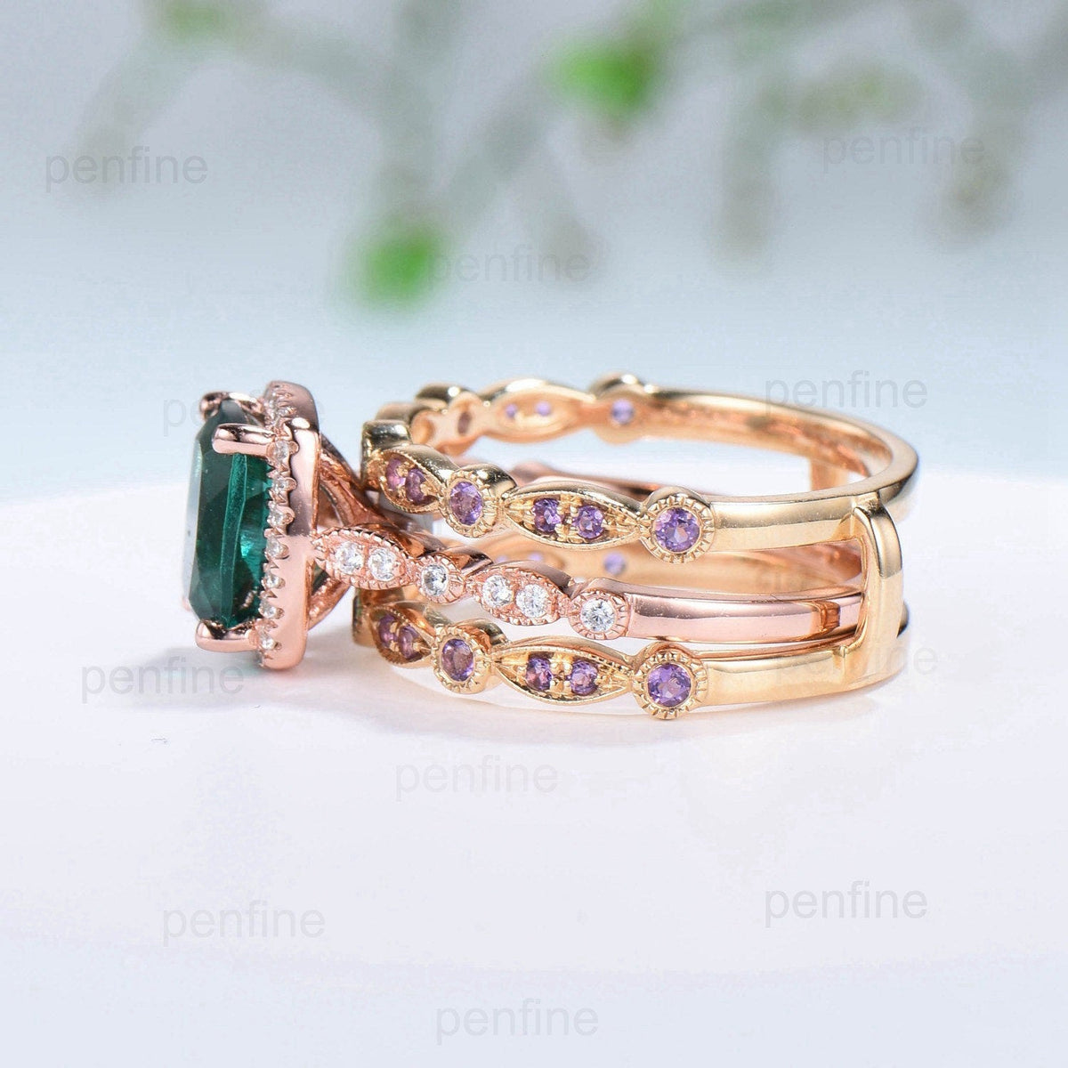 Cushion Emerald Engagement Ring Set: Rose Gold Halo Diamond & Amethyst Bands
