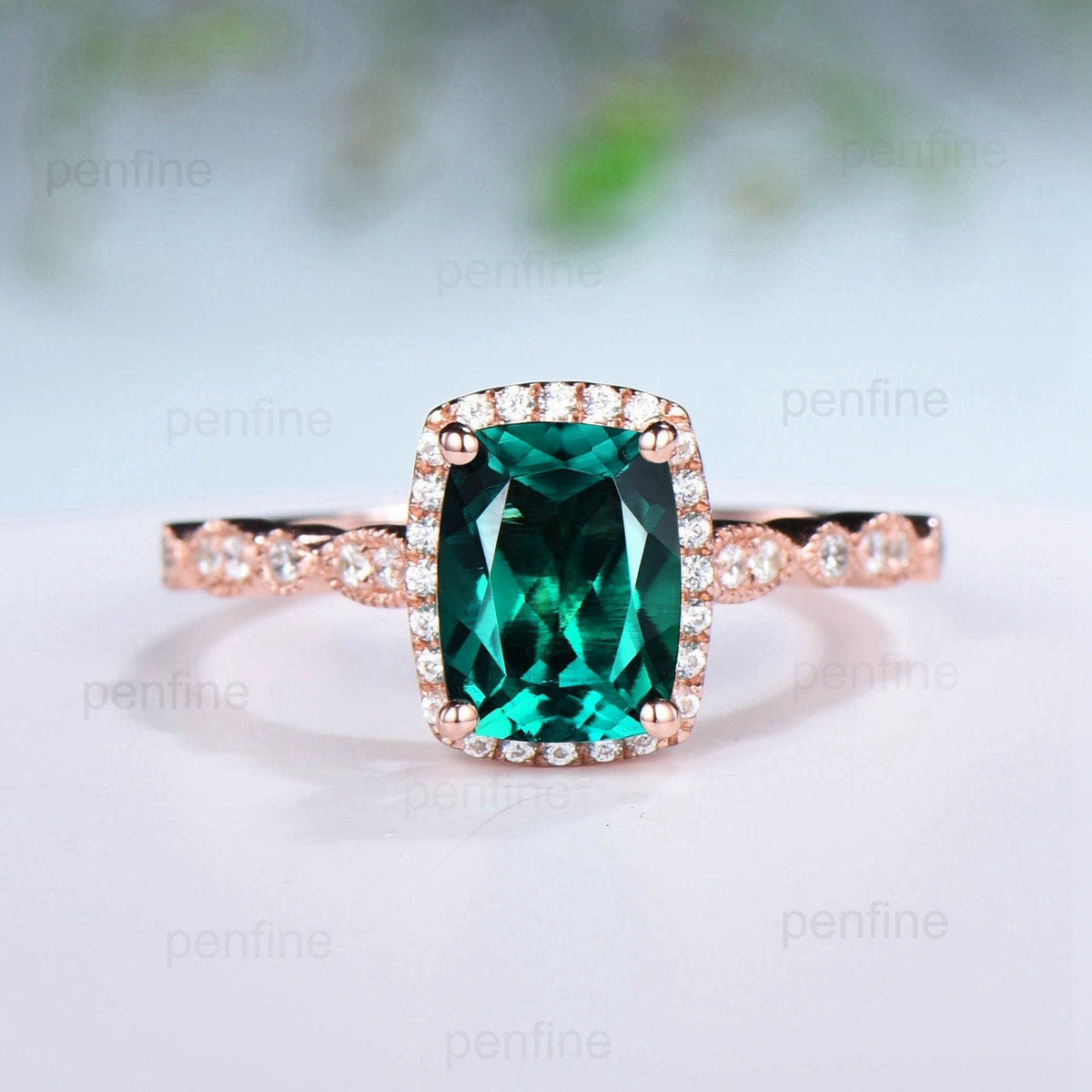 Cushion Emerald Engagement Ring Set: Rose Gold Halo Diamond & Amethyst Bands