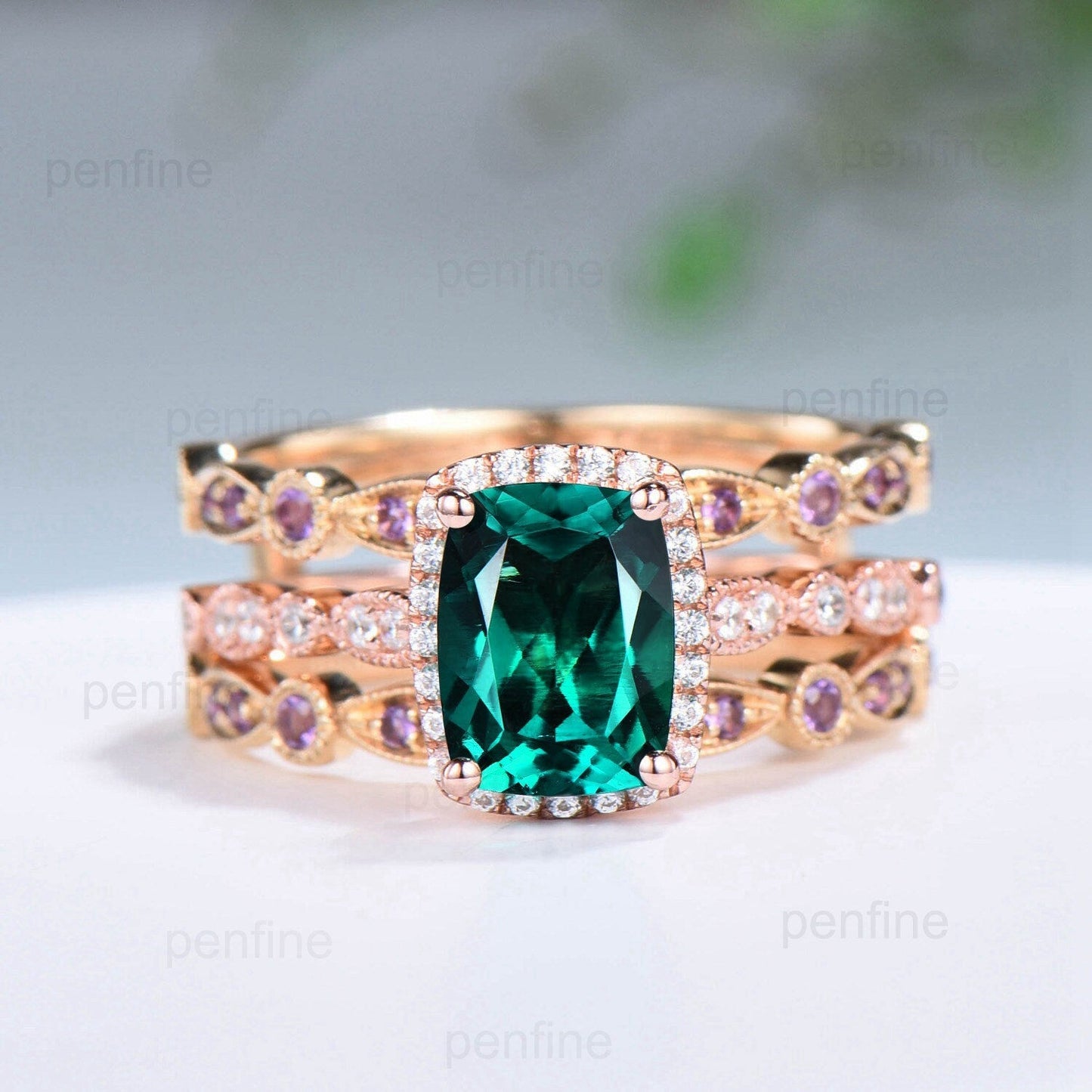 Cushion Emerald Engagement Ring Set: Rose Gold Halo Diamond & Amethyst Bands