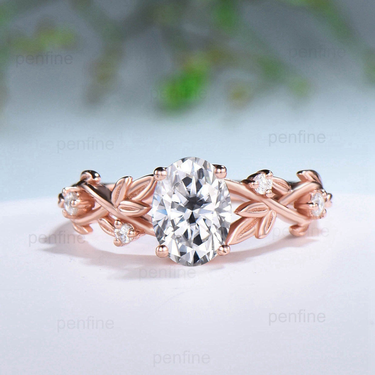 Nature Inspired Oval Diamond Engagement Ring Split  Shank CVD Diamond Bridal Ring Set Unique Leaf Vine Moissanite Wedding Ring Set for Her