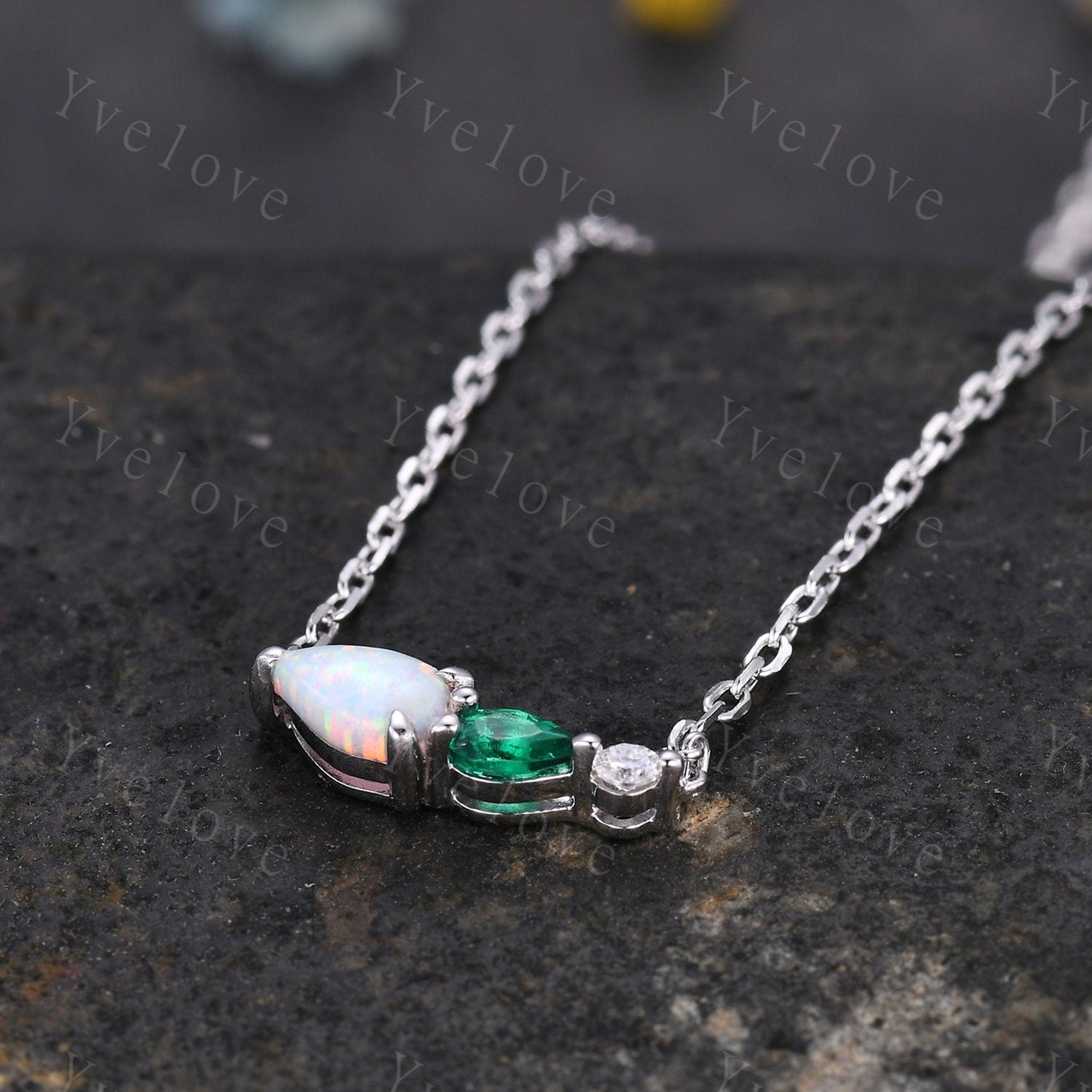 Unique Opal Emerald Necklace,Pear Cut Gems,Art Deco Moissanite Diamond Delicate Dainty Necklace,3 Stone Unique Women Bridal Gift,White Gold