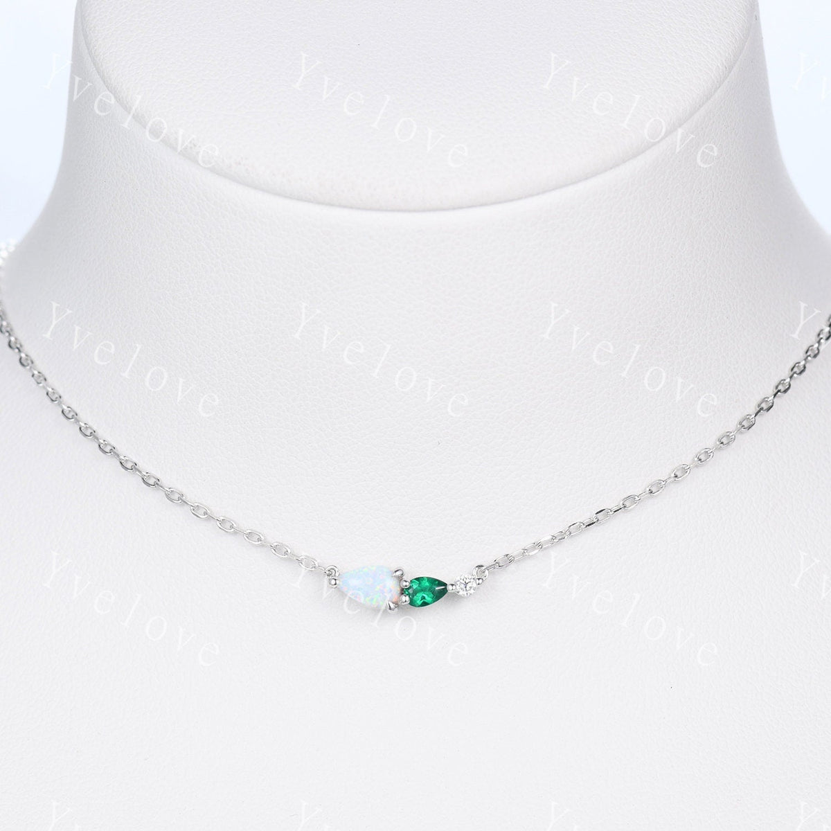 Unique Opal Emerald Necklace,Pear Cut Gems,Art Deco Moissanite Diamond Delicate Dainty Necklace,3 Stone Unique Women Bridal Gift,White Gold