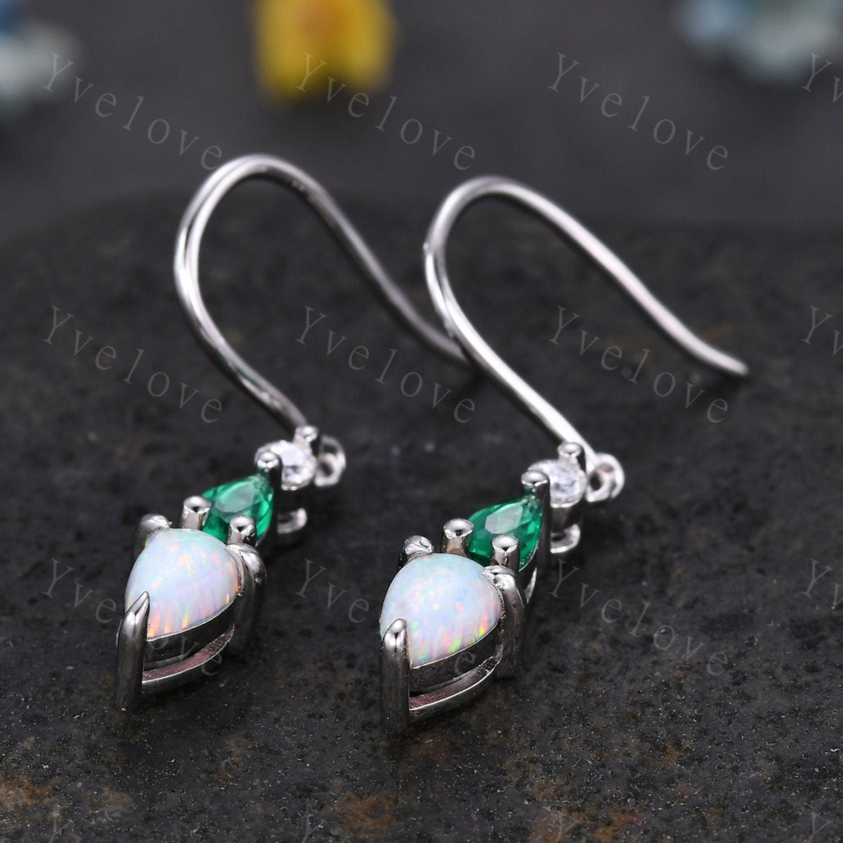 Unique Opal Emerald Necklace,Pear Cut Gems,Art Deco Moissanite Diamond Delicate Dainty Necklace,3 Stone Unique Women Bridal Gift,White Gold