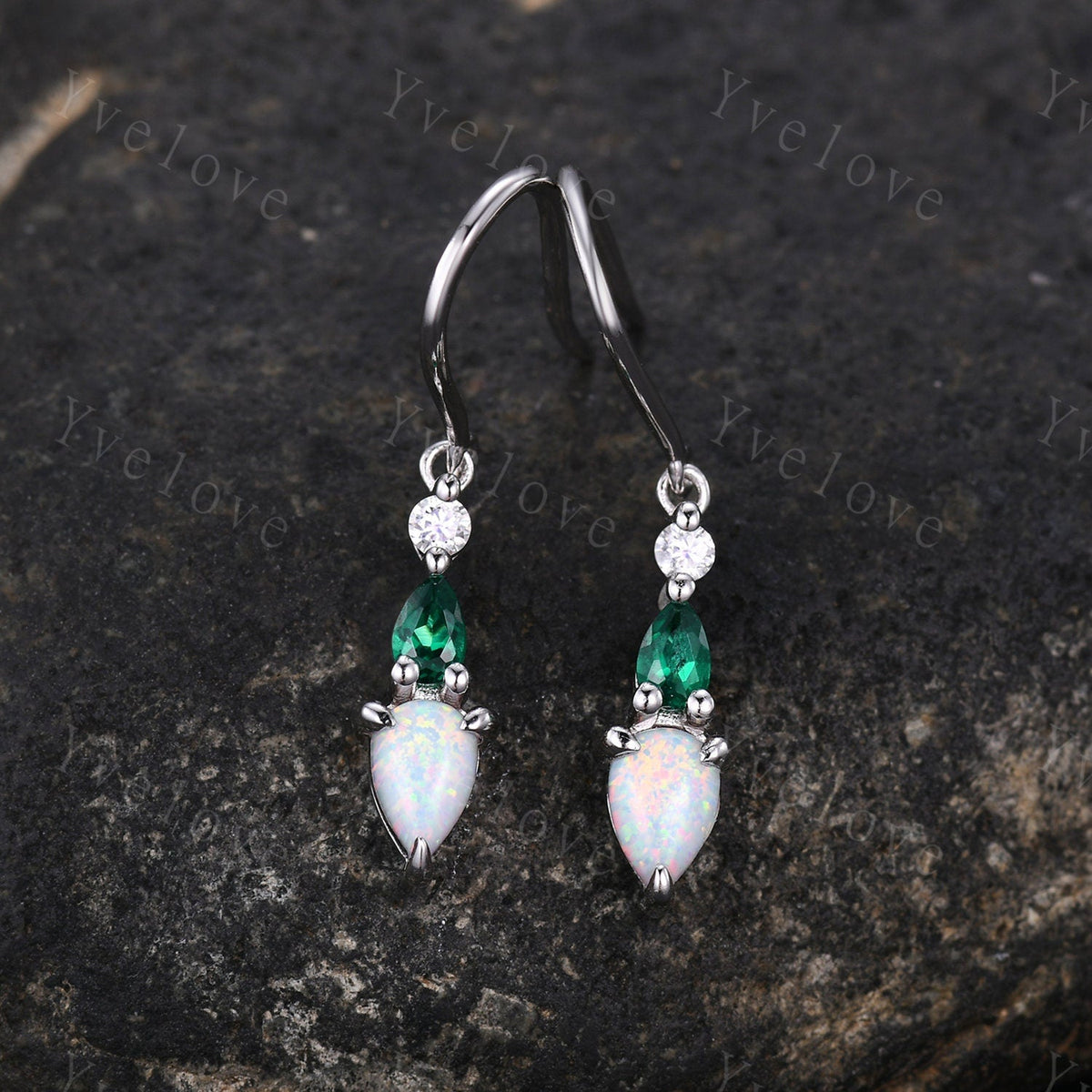 Unique Opal Emerald Necklace,Pear Cut Gems,Art Deco Moissanite Diamond Delicate Dainty Necklace,3 Stone Unique Women Bridal Gift,White Gold