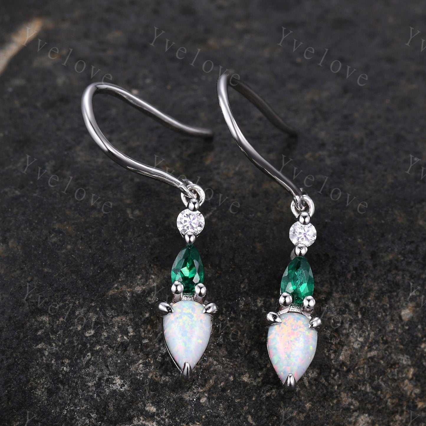 Unique Opal Emerald Necklace,Pear Cut Gems,Art Deco Moissanite Diamond Delicate Dainty Necklace,3 Stone Unique Women Bridal Gift,White Gold
