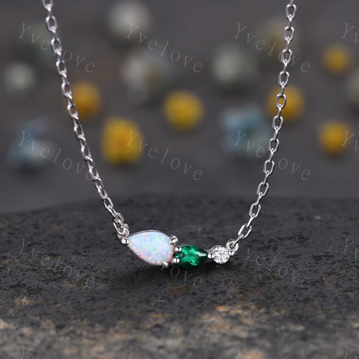 Unique Opal Emerald Necklace,Pear Cut Gems,Art Deco Moissanite Diamond Delicate Dainty Necklace,3 Stone Unique Women Bridal Gift,White Gold