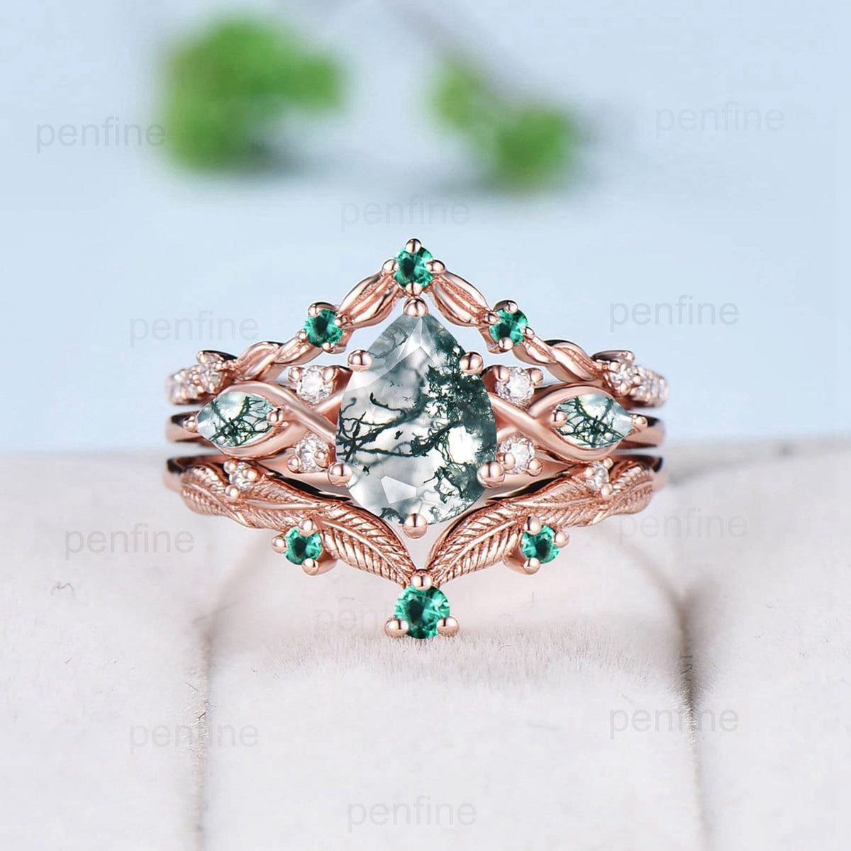 3pcs 10K Yellow Gold Moss Agate Ring Set Pear Shaped Natural Green Agate  Leaf Vine Engagement Ring Set