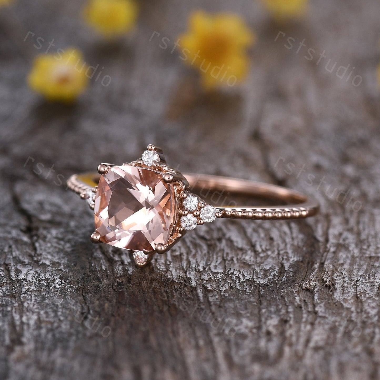 Art Deco Pink Morganite Engagement Ring: Diamond 14K Rose Gold Wedding Band