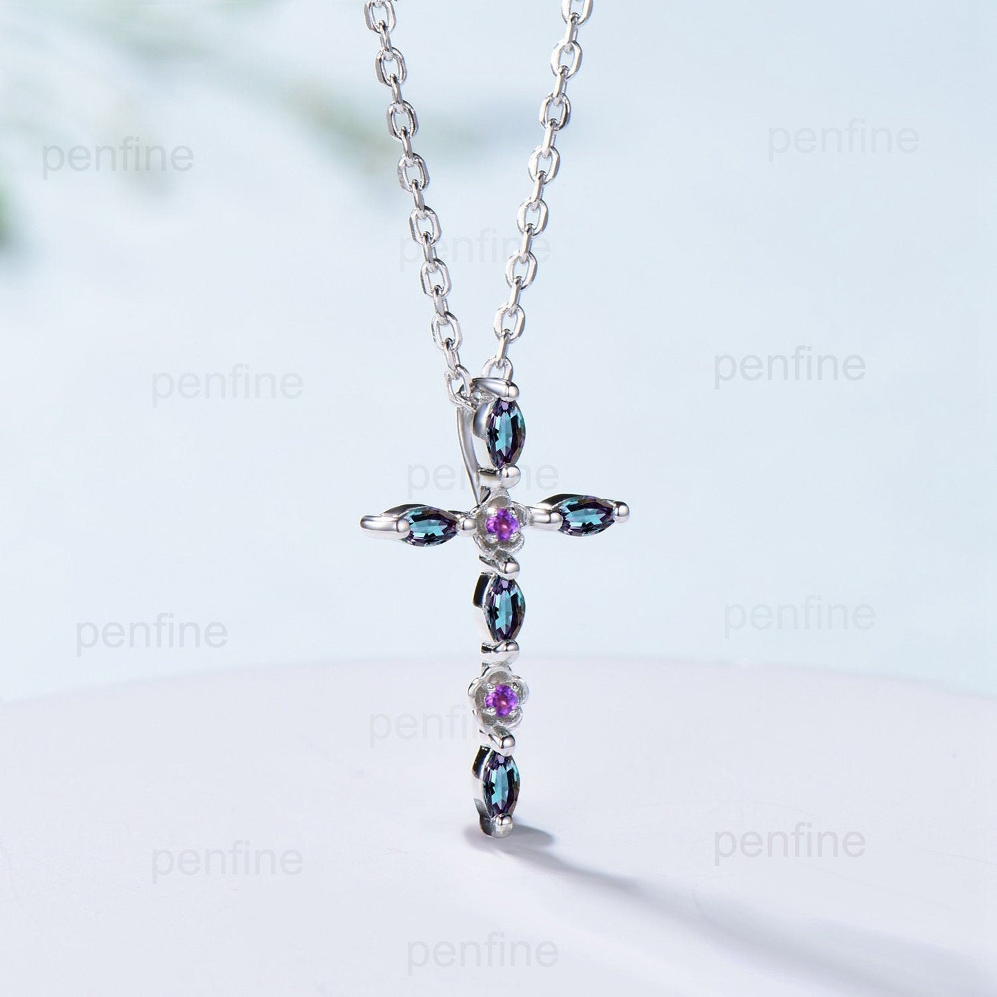 Cross Pendant Necklace Alexandrite Flower Amethyst Necklace Cross Jesus Retro Vintage Cross Pendant White Gold Anniversary gift for women