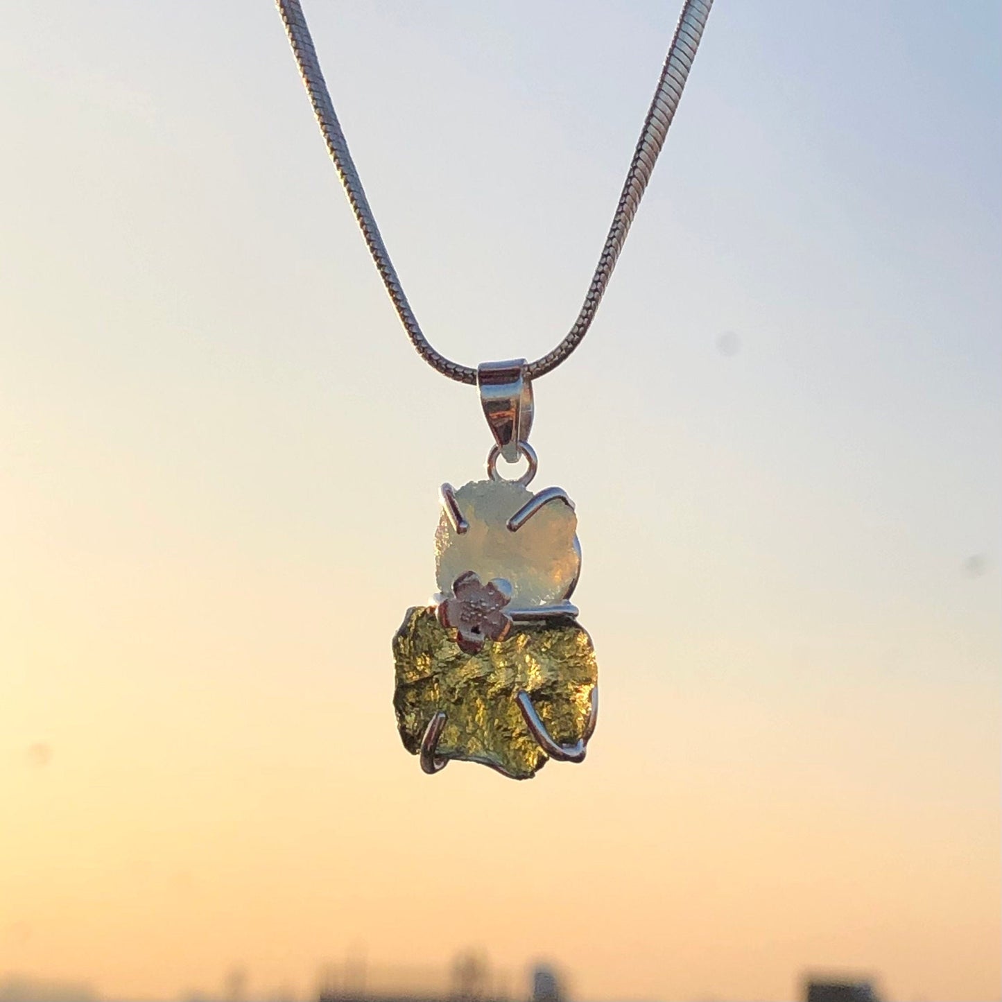 Moldavite Aquamarine pendant, genuine gemstone pendant, sterling silver handmade pendant, 100% genuine with certified gemstone