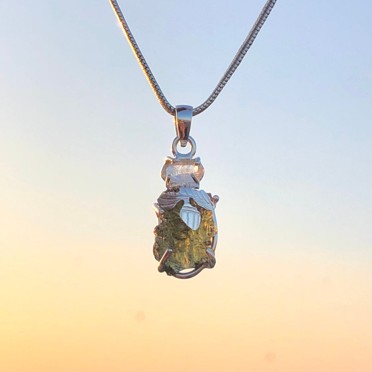 Moldavite herkimer pendant, genuine gemstone pendant, sterling silver handmade pendant, 100% genuine with certified gemstone