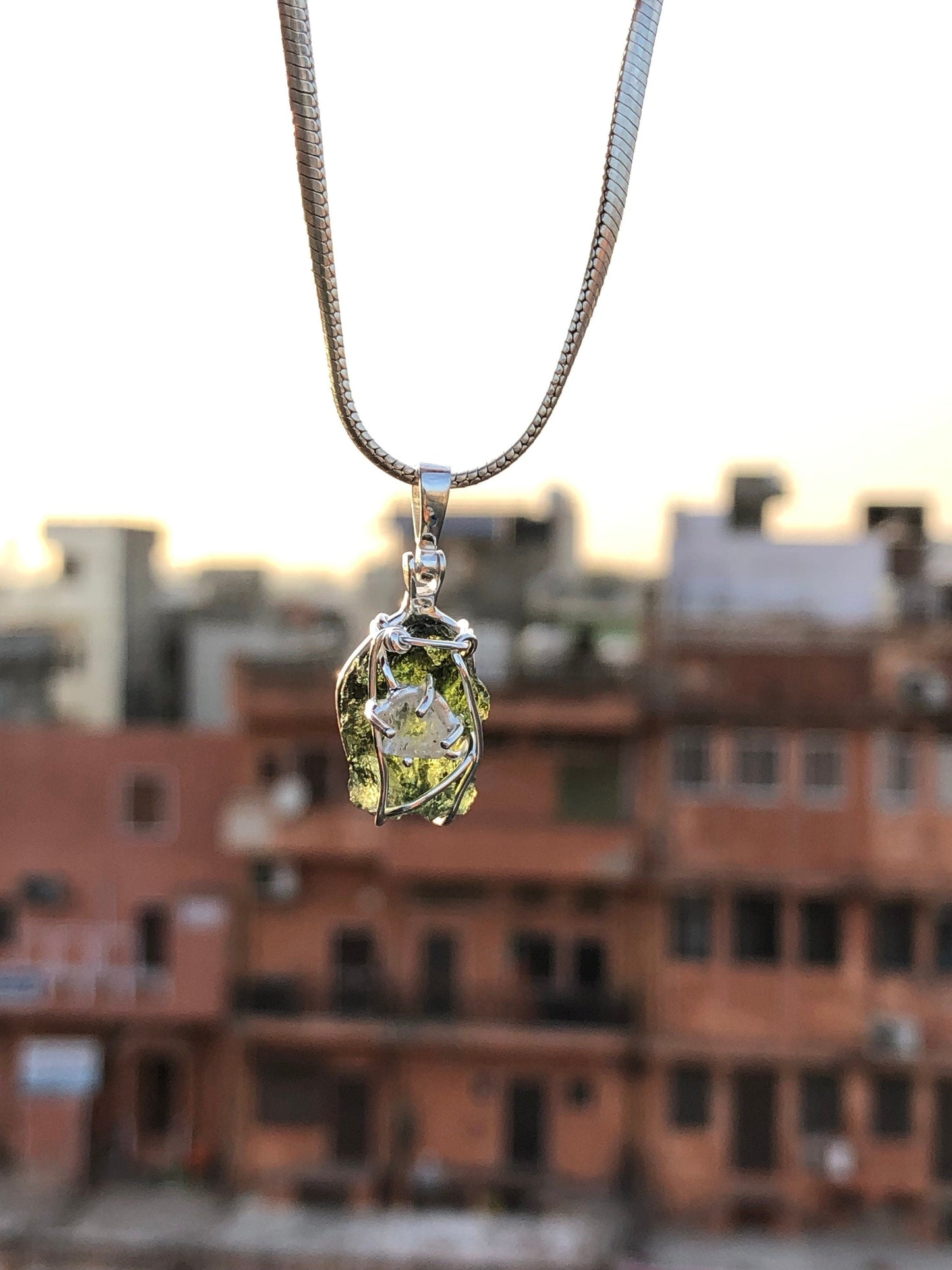 Genuine Moldavite Rough Herkimer Diamond Pendant Natural Gemstone From Czech Republic 925 Sterling Silver Handmade Designer Jewelry