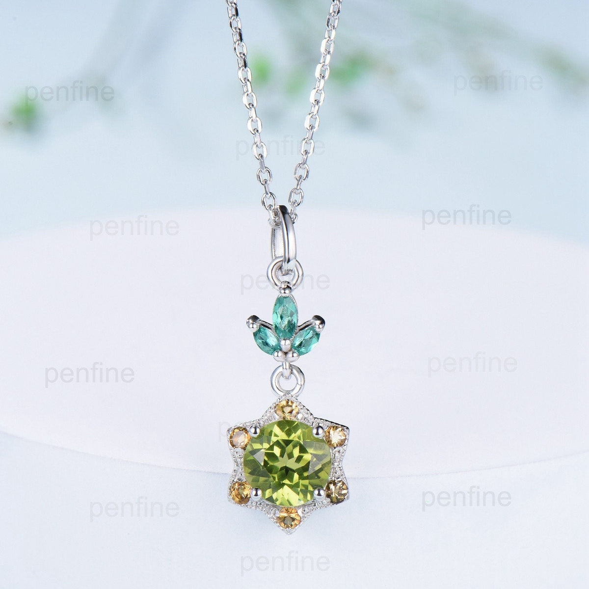 Vintage Peridot and Citrine Halo Pendant: Handmade Sterling Silver Necklace