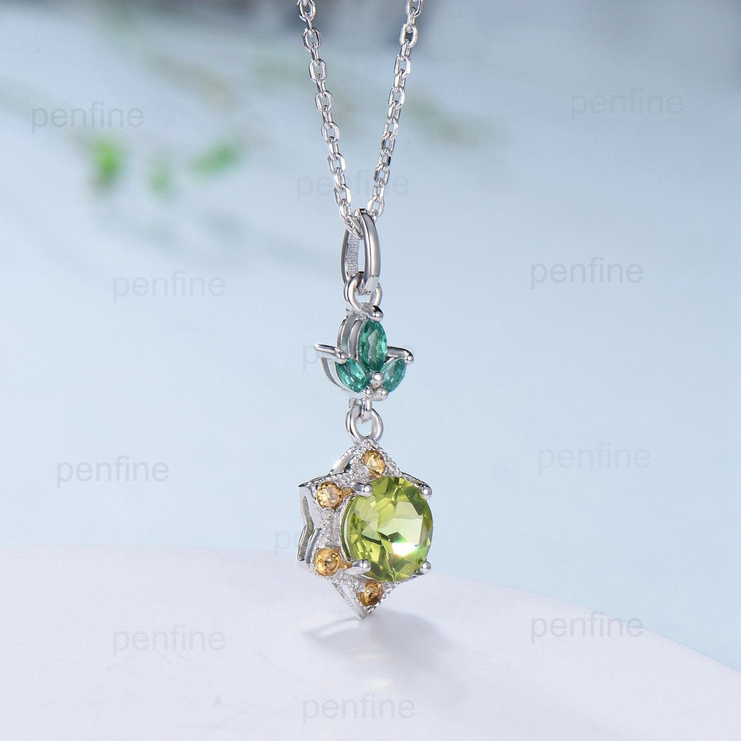 Vintage Peridot and Citrine Halo Pendant: Handmade Sterling Silver Necklace