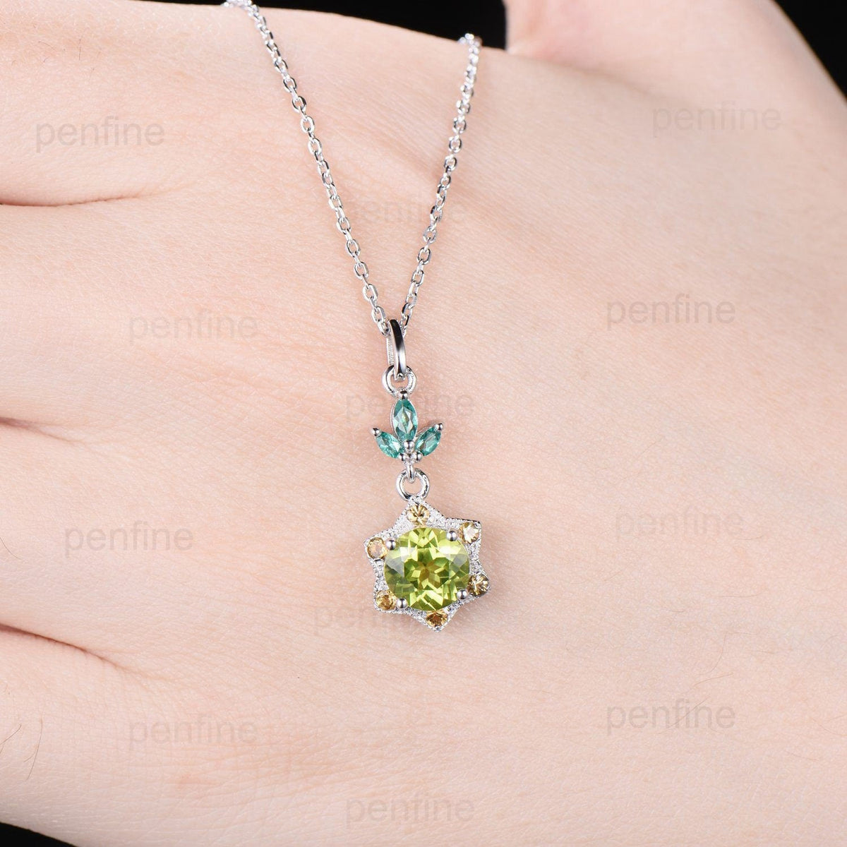 Vintage Peridot and Citrine Halo Pendant: Handmade Sterling Silver Necklace