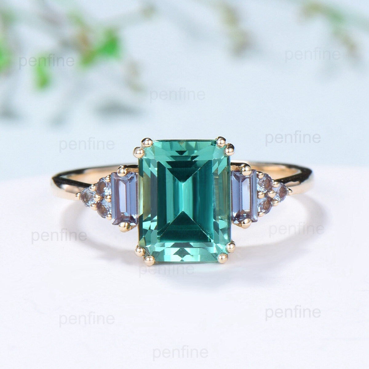 Unique Emerald Cut Green Sapphire Ring 8 Prongs Cluster Baguette Alexandrite Engagement Ring Vintage Green Crystal Wedding Ring for Women