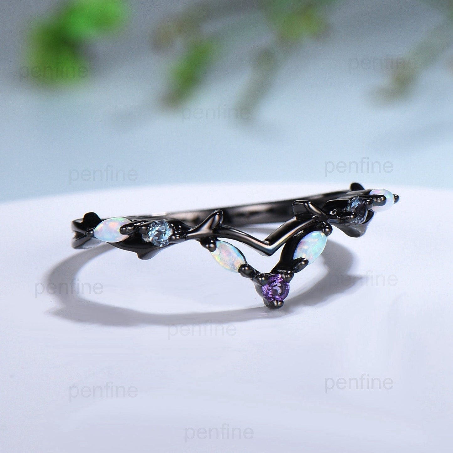 Vintage Fire Opal Amethyst Eternity Wedding Band Black Gold Unique Alexandrite Stackable Marquise Art Deco Matching Band Anniversary Gift