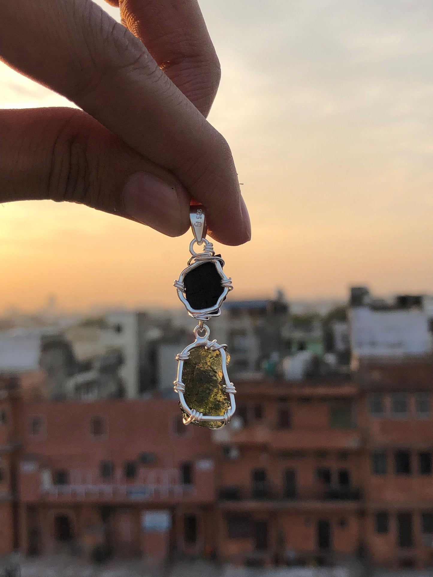 Moldavite Pendant, Black Tourmaline Pendant, Gemstone Pendant, Sterling Silver Pendant, Handmade Pendant, Natural Moldavite