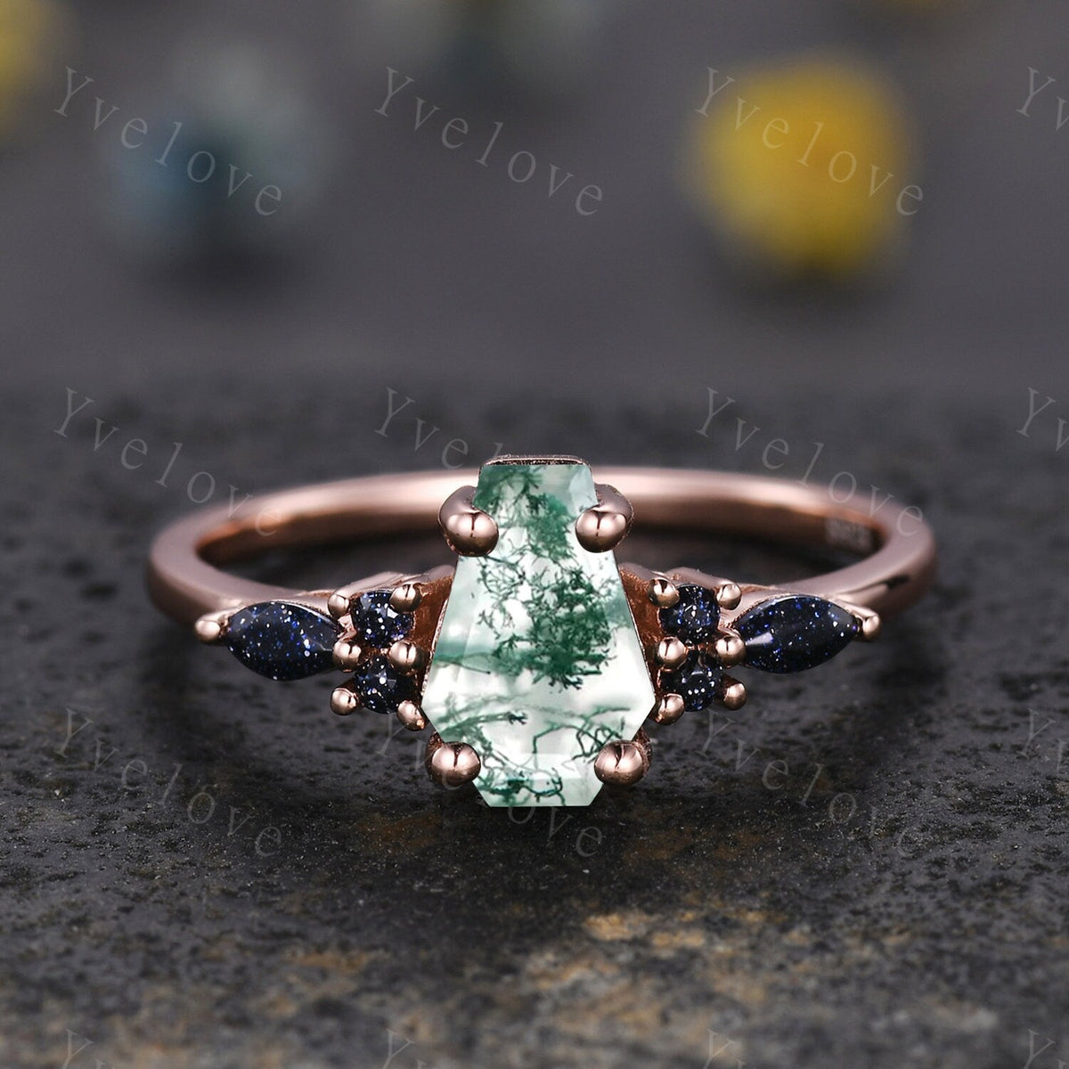 Vintage coffin moss agate engagement ring marquise blue sandstone wedding ring rose gold matching band promise ring unique Valentines gift
