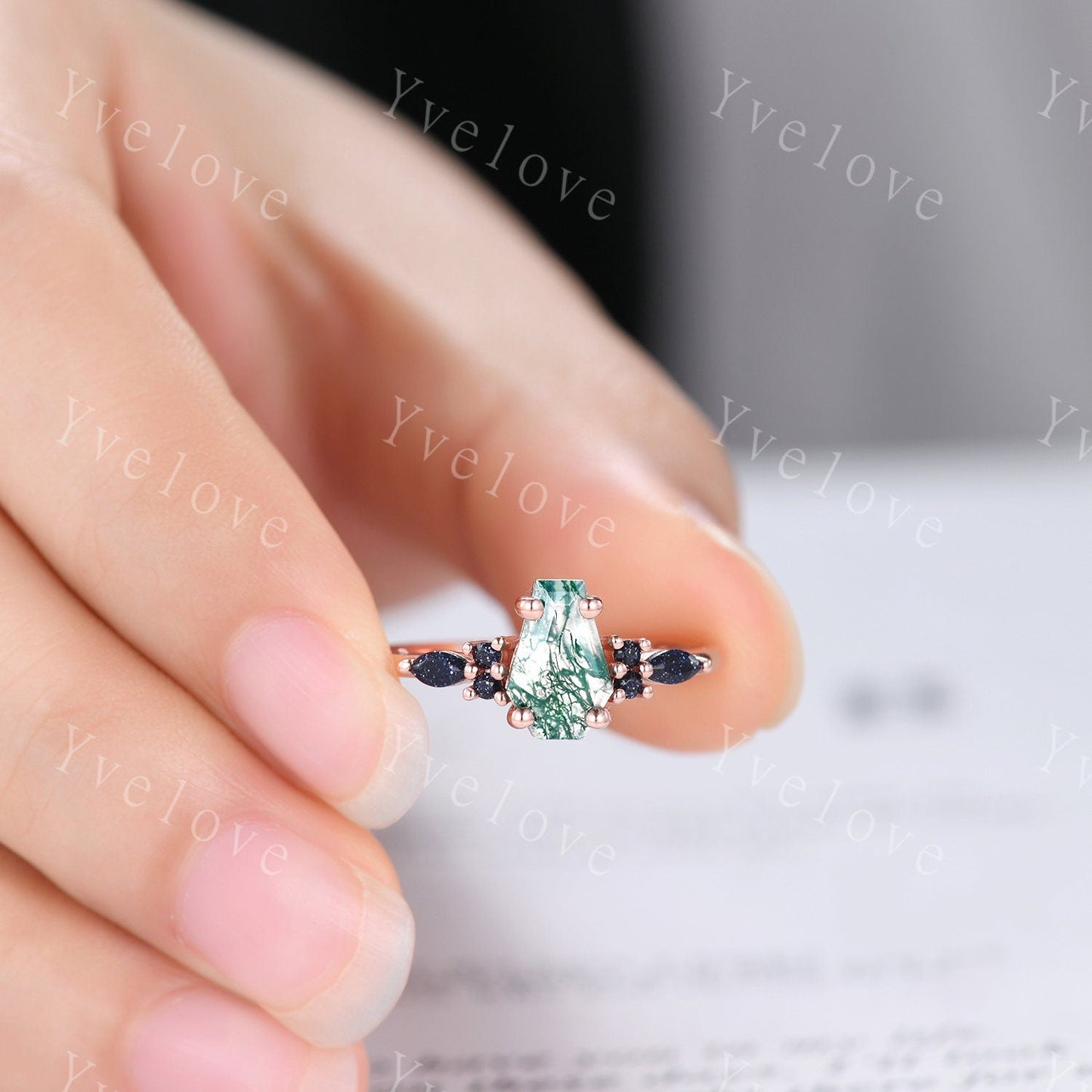 Vintage coffin moss agate engagement ring marquise blue sandstone wedding ring rose gold matching band promise ring unique Valentines gift